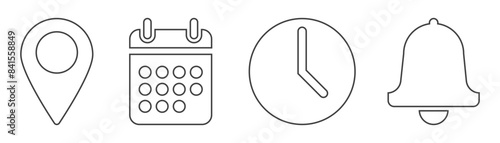 address, time, date icon on white background.