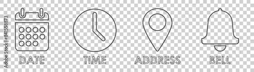 location, address, time, date icon on white background
