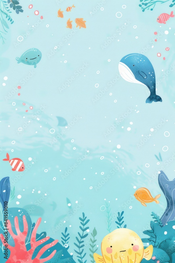 Obraz premium Whimsical Underwater Scene with Playful Whales and Tropical Fish