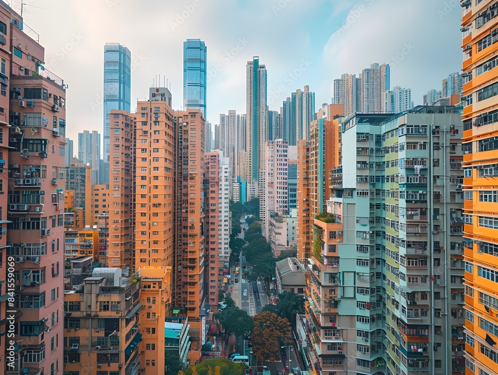Fototapeta Bustling Cityscape from a Rooftop Terrace Overlooking a Dense Urban Landscape of Modern High Rise Buildings