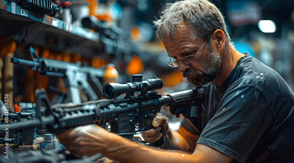 Man disassembled gun for cleaning gun close-up. Man disassembled gun for cleaning gun close-up.