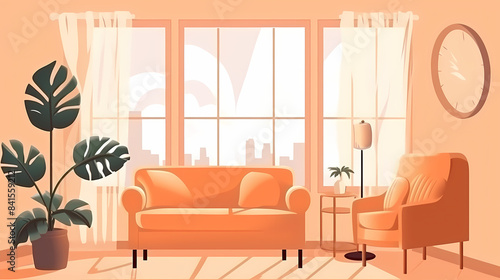 Living room interior. Comfortable sofa  window  chair and house plants. Paper cut style