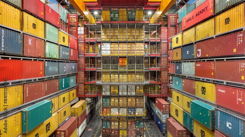 Fototapeta premium A large warehouse with many containers stacked on top of each other. The containers are of different colors and sizes