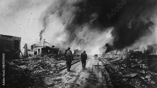 Realistic Black Ink Drawing of Soldiers on a War Torn Battlefield with Smoke