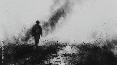 Realistic Charcoal Sketch of Soldiers on a War Torn Battlefield with Smoke