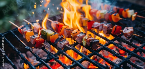 Summer BBQ with colorful skewers grilling over open flames.