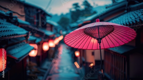 A Pink Umbrella Blooms Underneath Japanese Lanterns