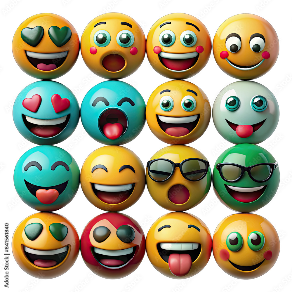 A collection of sixteen colorful emoji expressions, each displaying a different emotion, isolated on a white background. The emojis are rendered in a 3D style, with realistic details and textures. Gen A collection of sixteen colorful emoji expressions, each displaying a different emotion, isolated on a white background. The emojis are rendered in a 3D style, with realistic details and textures. Gen