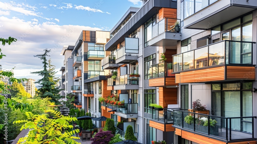 Create an image of a stylish urban apartment complex with balconies and rooftop gardens, highlighting contemporary living spaces. Create an image of a stylish urban apartment complex with balconies and rooftop gardens, highlighting contemporary living spaces.