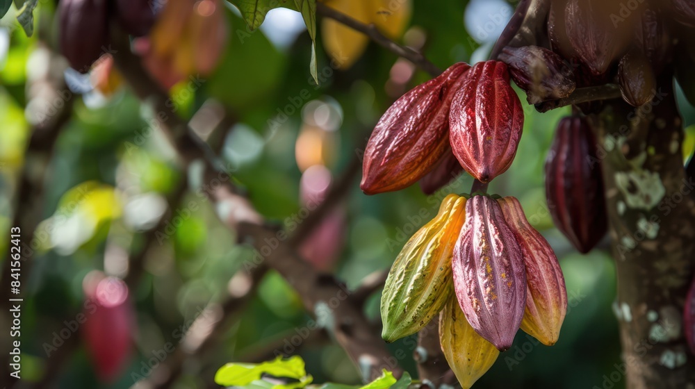 Ripe cocoa fruit, healthy Theobroma cacao fruit on organic farm. Green leaves blurred background. Ripe cocoa fruit, healthy Theobroma cacao fruit on organic farm. Green leaves blurred background.