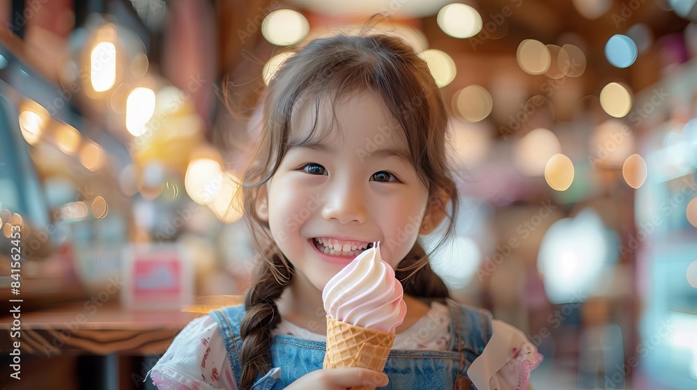 Close up portrait of a happy little Asian girl eating ice cream in a cafe Close up portrait of a happy little Asian girl eating ice cream in a cafe