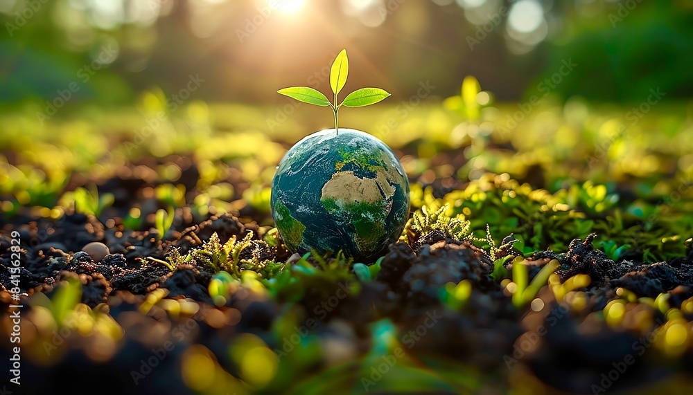 A small plant grows on top of the earth, symbolizing the hope for a sustainable future A small plant grows on top of the earth, symbolizing the hope for a sustainable future