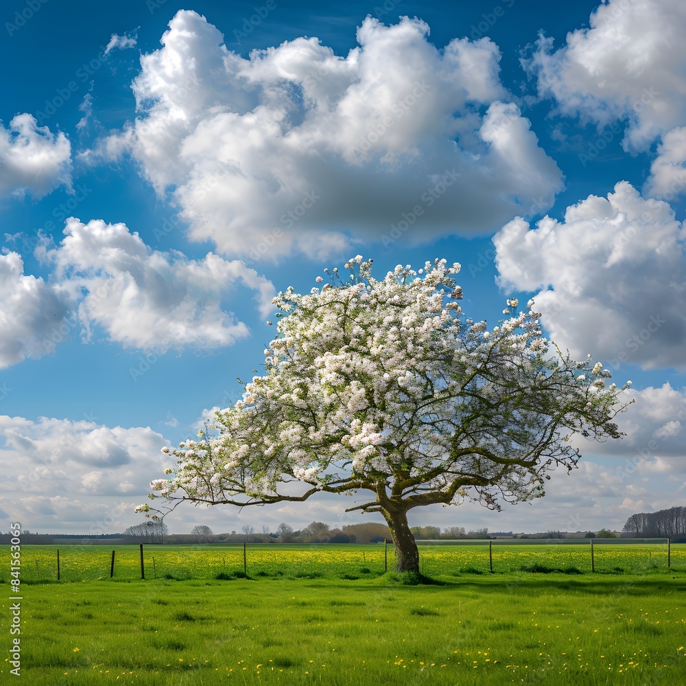 Naklejka premium An apple tree blossoming in a serene countryside landscape, surrounded by lush greenery, under a clear blue sky with fluffy clouds in springtime