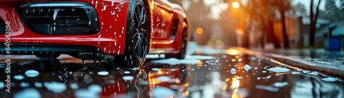 A red sports car is being washed on a wet city street. The car is covered in soap suds and the water is dripping off of it. The background is blurry and out of focus.