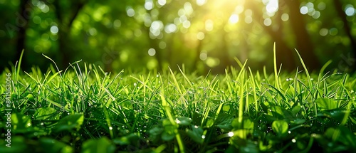 Generate a photo of a lush green field of grass with the sun shining through the trees.