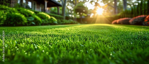 Generate a high quality image of a lush green lawn with the sun rising over it