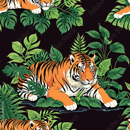 a tiger laying on top of a lush green forest