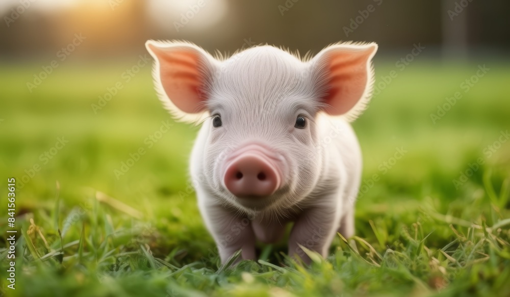 Vegan Values Newborn Piglet Standing Proud on Grass Vegan Values Newborn Piglet Standing Proud on Grass