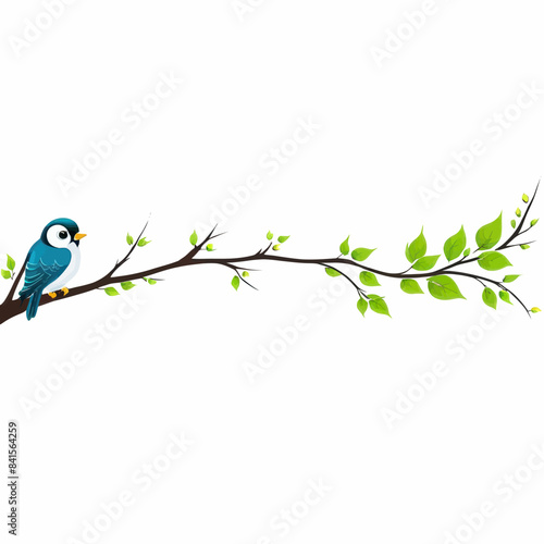 a blue bird sitting on a branch with green leaves