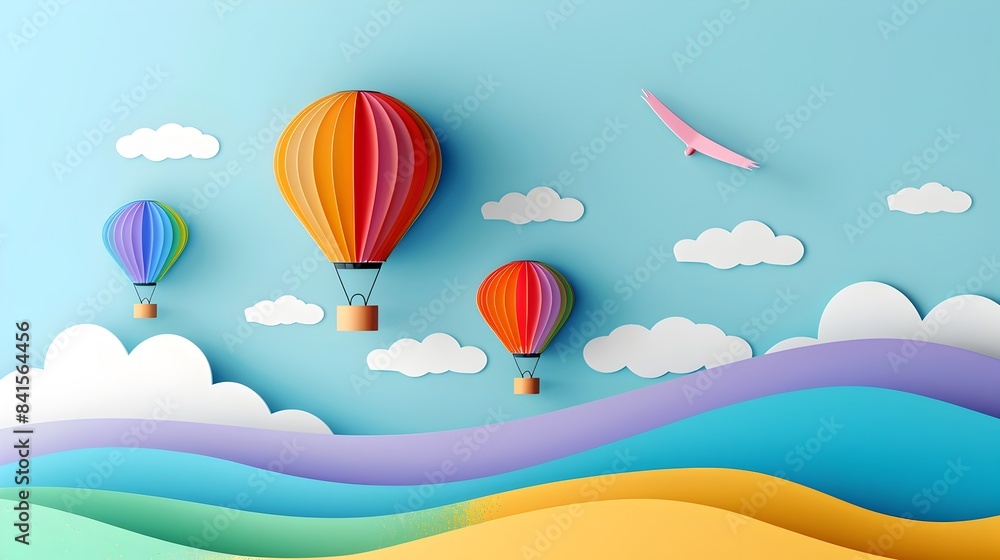 Whimsical Paper Cut Hot Air Balloons Floating in Minimalist Sky Landscape Whimsical Paper Cut Hot Air Balloons Floating in Minimalist Sky Landscape
