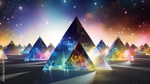 Light, triangle and prism with stars in galaxy of colorful reflection, crystal pyramid or 3D shapes. Shine, glow or geometric illusion of fragment, spectrum or abstract dimension of multiverse