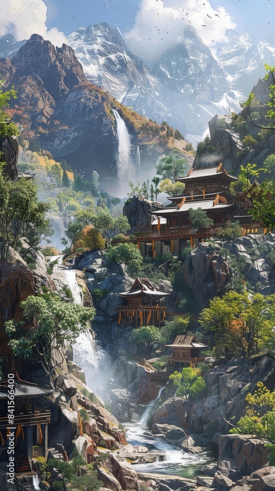 Peaceful mountain monastery with waterfalls Peaceful mountain monastery with waterfalls
