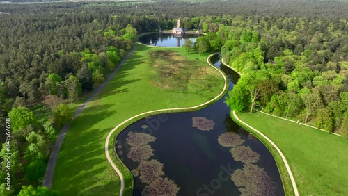 Veluwe National Park in the Netherlands, Aerial Drone Shot of Jachthuis Sint Hubertus Residence. View from Above. photo