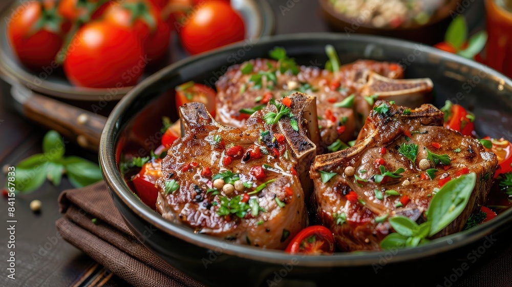 Bowl of meat chops with tomatoes Bowl of meat chops with tomatoes