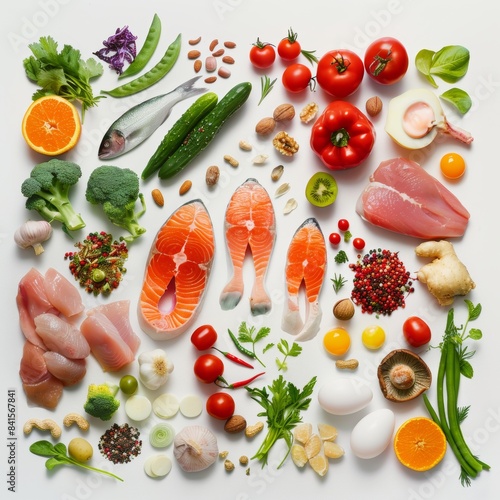 The food group of Fish nuts, fish and chicken is surrounded by various vegetables, fruits and stuck eggs on the white background, with lots of different types of healthy foods placed together.  © Punn