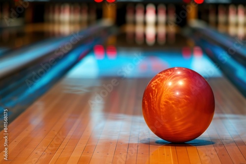 Close-up of a shiny red bowling ball at rest on a polished alley  with pins and lights in the distance