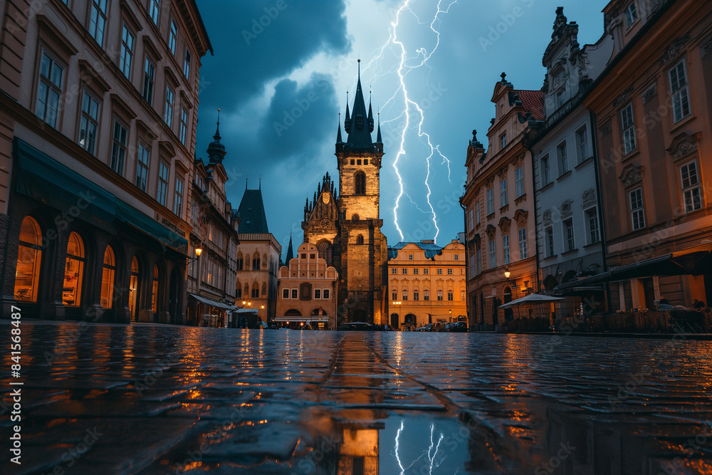 Naklejka premium Dramatic Lightning Strike Near Historic Clock Tower