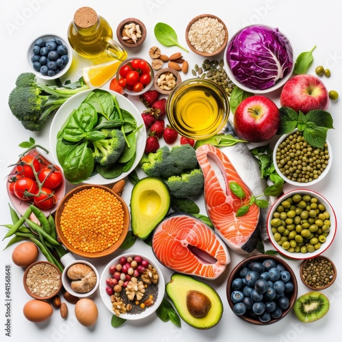The food group of Fish nuts  fish and chicken is surrounded by various vegetables  fruits and stuck eggs on the white background  with lots of different types of healthy foods placed together. 