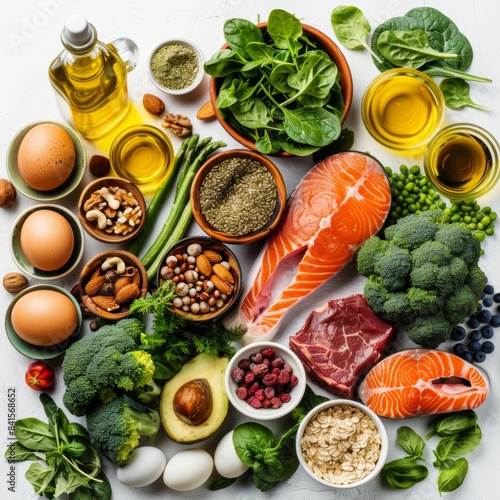 The food group of Fish nuts  fish and chicken is surrounded by various vegetables  fruits and stuck eggs on the white background  with lots of different types of healthy foods placed together. 