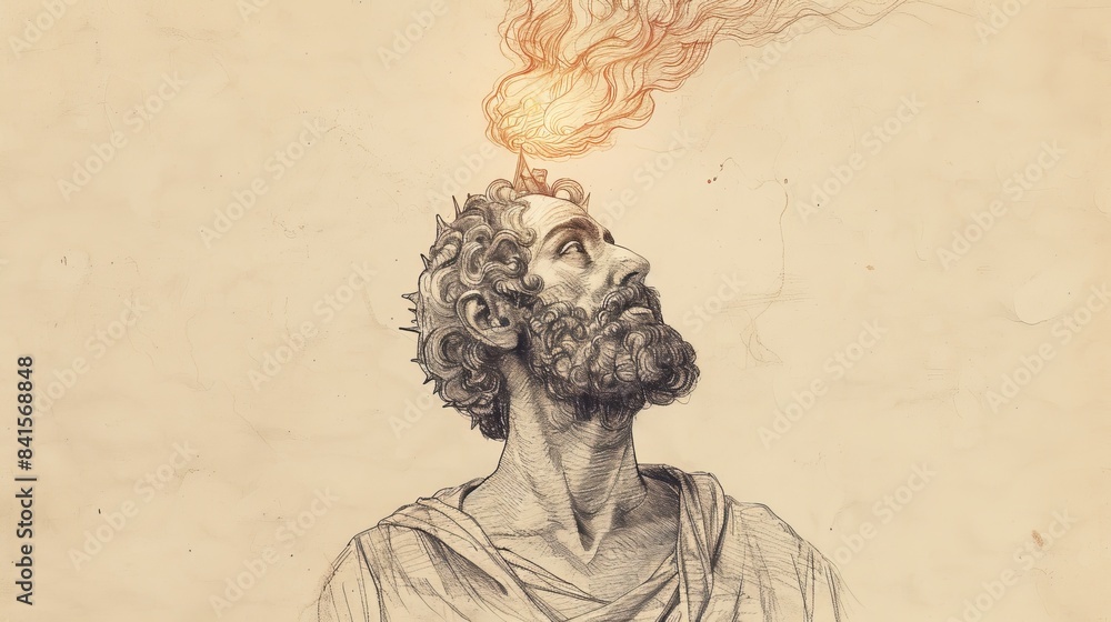 Fototapeta premium Biblical Illustration of Apostle Jude Thaddeus with Flame Above Head, Symbolizing Holy Spirit on Beige Background with Copyspace