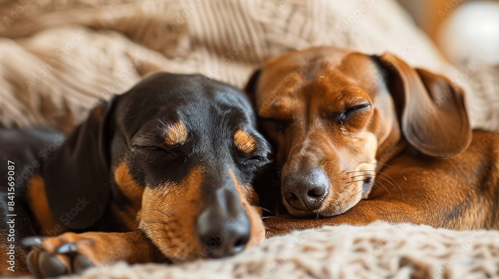 Two dachshund dogs sleeping together . Generative Ai Two dachshund dogs sleeping together . Generative Ai