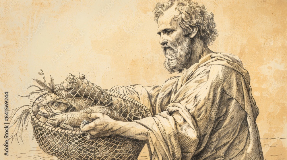 Fototapeta premium Biblical Illustration of Apostle Andrew with Net Full of Fish, Symbolizing Role as Fisher of Men on Beige Background with Copyspace