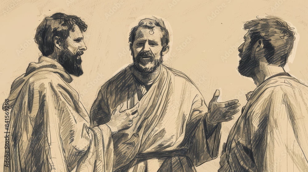 Fototapeta premium Biblical Illustration of Apostle James the Greater Preaching in Spain, Spreading Gospel Far and Wide on Beige Background with Copyspace