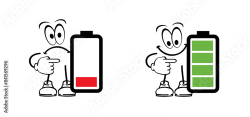 Cartoon Life energy mascot. Stickman with red, green low battery or stick man with green full level. Charge indicator pictogram. Happy and unhappy, Energetic, tired or exhausted symbol.