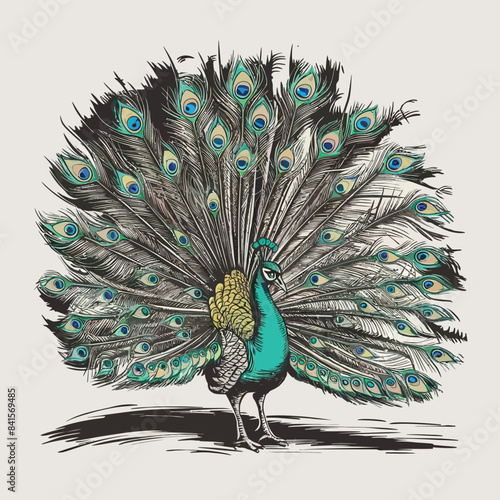 Peacock sketch hand drawn in engraving style. Vector illustration desing.