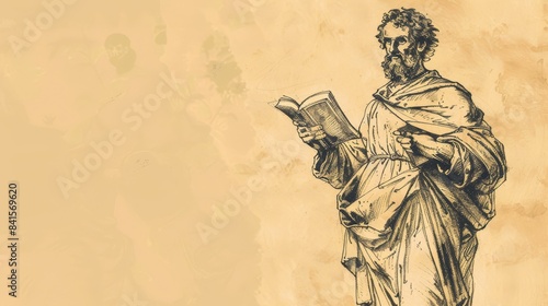 Biblical Illustration of Apostle Bartholomew Holding Gospel, Symbolizing Role in Spreading Word on Beige Background with Copyspace