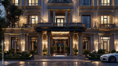 Create an image of an elegant hotel building with luxurious design features and an inviting entrance, representing hospitality and comfort. © peerawat