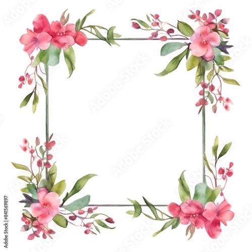 Watercolor floral frame with pink flowers and green leaves on a white background. Digital art of brown square picture frame decorated with light pink pastel flower. Romantic botany concept. AIG35.