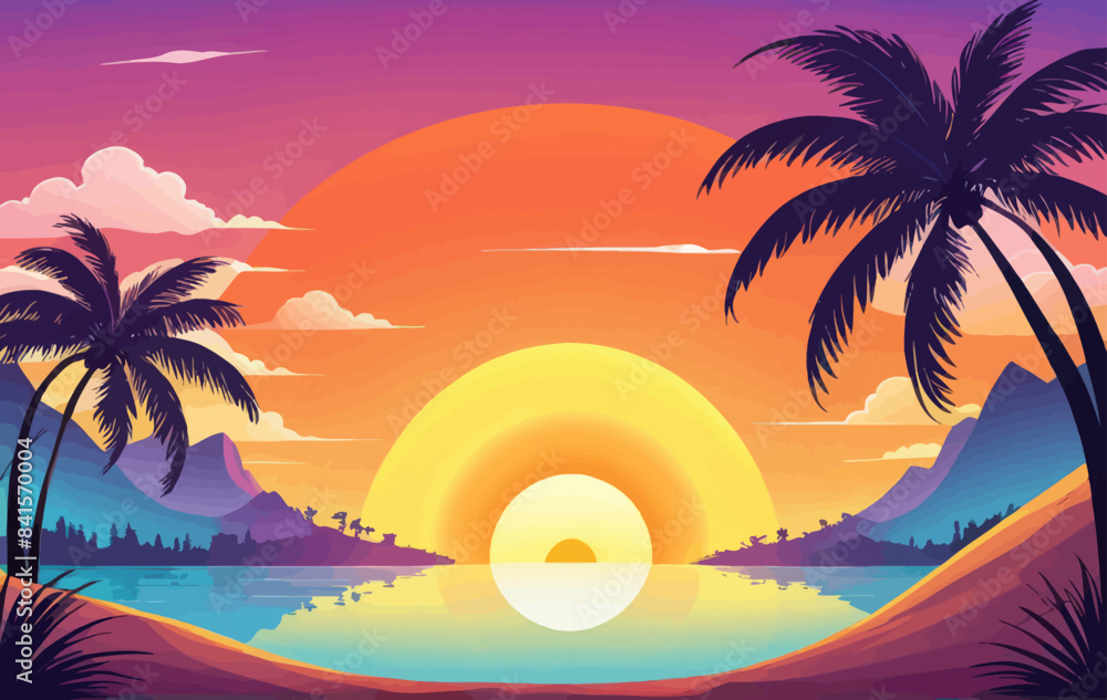a painting of a tropical sunset with palm trees a painting of a tropical sunset with palm trees