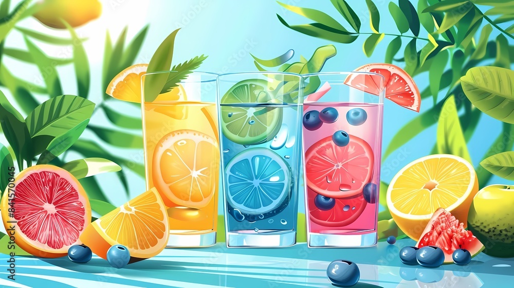 Fototapeta premium Flat design summer skincare tip with staying hydrated, drinking water, and refreshing summer beverage
