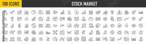 Set of 100 Stock Market web icons in line style. Investment, finance, table, bear, bull, stock exchange, profits, trading, growth ,collection. Vector illustration.