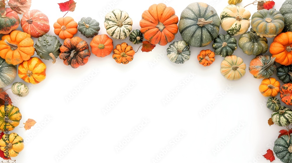 Fototapeta premium Colorful Pumpkin Border Frame with Textured Details on White Background