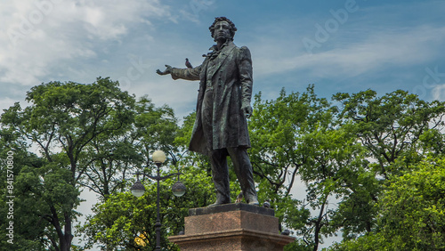 Monument to Alexander Pushkin timelapse hyperlapse on Ploshchad Iskusstv Arts Square in St.-Petersburg, Russia photo