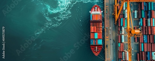 A large red ship is docked at a port. The ship is surrounded by many containers, and the water is calm. Concept of calmness and serenity, as the ship is peacefully docked at the port