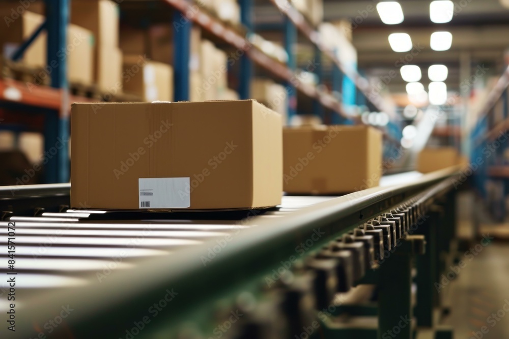 Close-up of a single cardboard box on a conveyor belt in a modern distribution warehouse Close-up of a single cardboard box on a conveyor belt in a modern distribution warehouse