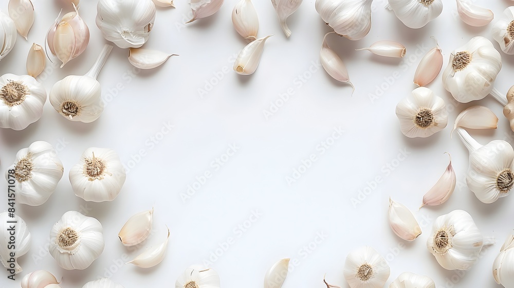 Elegant Border Frame of Fresh Garlic on White Background Elegant Border Frame of Fresh Garlic on White Background